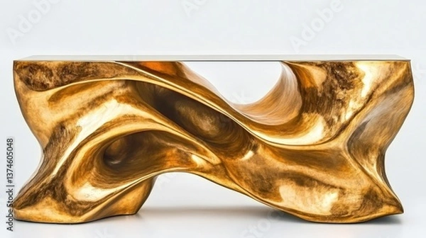 Fototapeta Unique abstract golden console table showcasing a stunning wavy design, perfect for modern interior decor and adding a touch of luxury and elegance to living spaces.