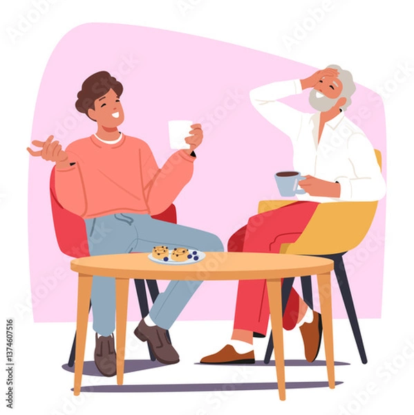 Obraz Young guy and mature man talking together while spending time in cafeteria during coffee break