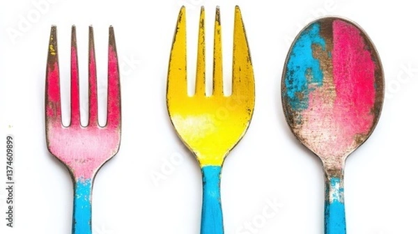 Fototapeta Vibrant and Colorful Cutlery Set Featuring Forks and Spoon with Distressed Finish Ideal for Modern Dining Decor and Unique Culinary Presentations