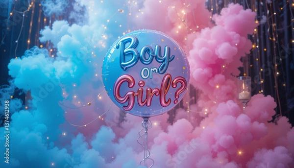 Fototapeta Stylish gender reveal party setup featuring a glossy “Boy or Girl?” balloon framed by pink and blue smoke, fairy lights, and elegant decorations, creating a magical celebration Generative AI