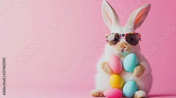 Fototapeta Cute Easter bunny wearing vibrant sunglasses and holding pastel-colored eggs on a soft pink background. Perfect for Easter cards, kids' content, and spring promotions