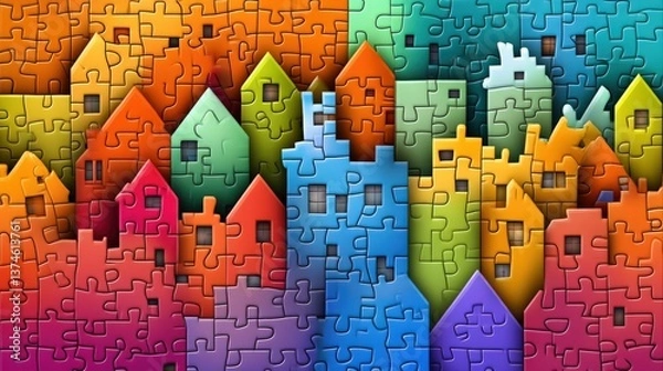 Fototapeta Vibrant Puzzle Pieces Forming Colorful Houses in a Playful Arrangement for Creative Projects, Illustrations, and Design Backgrounds in Various Themes