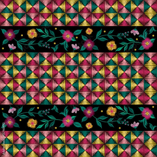 Obraz Embroidery ethnic floral seamless pattern with colorful squares.