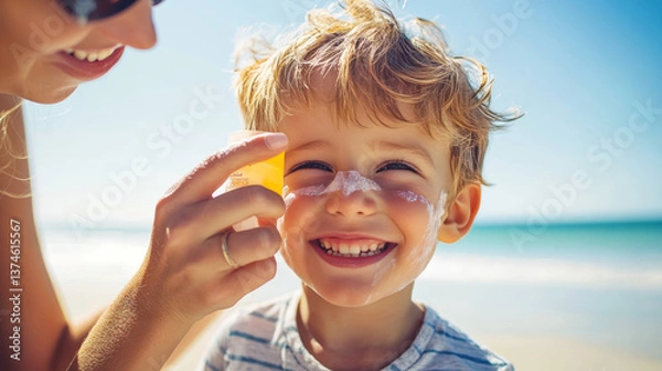 Fototapeta A Caucasian motherâ€™s hand applies sunscreen from a plastic container to her smiling son before sun exposure during a summer beach vacation. Close-up with copy space