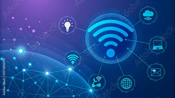 Fototapeta Global interconnectedness: A vibrant network of ideas, innovation, and communication thriving in a digital world, depicted with glowing blue nodes and lines.