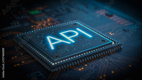 Fototapeta The glowing heart of digital connection, a powerful API chip pulsates with potential, bathed in cool blue light on a complex circuit board.