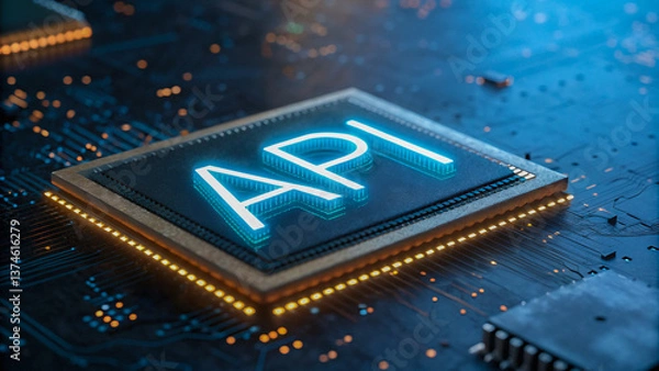 Obraz The glowing heart of digital connection, API pulses with potential, illuminating the future of technology on a circuit board with vibrant blue light.