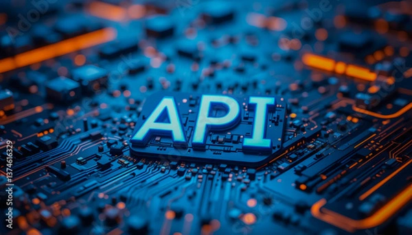 Fototapeta The glowing API heart of digital innovation pulses with vibrant blue energy, embedded within a complex circuit board.