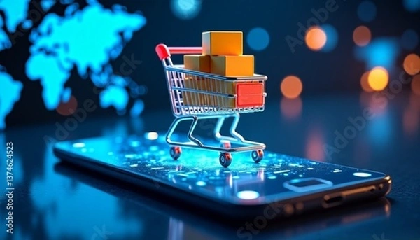 Obraz Illustration of a miniature shopping cart placed on a smartphone, filled with branded product boxes, in an abstract environment representing global connectivity. Generative AI