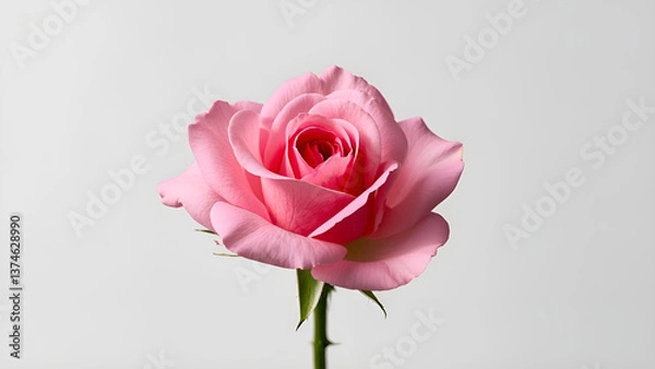 Fototapeta Delicate pink rose, single bloom, soft petals, white background, macro photography, high detail, gentle lighting, botanical illustration, photorealistic