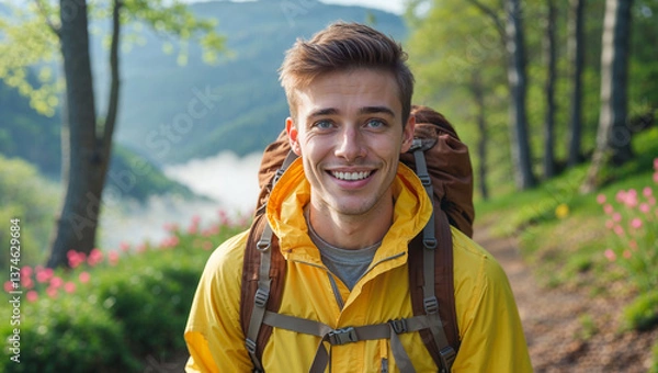 Obraz  positive  young     man with backpack in nature, spring, hiking

