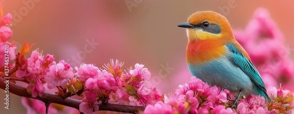 Fototapeta Orange Bird with a blue wing on a branch with pink flowers, banner, copy space