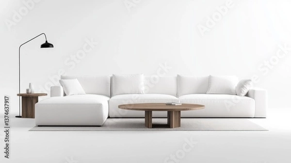 Fototapeta A large sectional couch in a minimalist Scandinavian style living room.