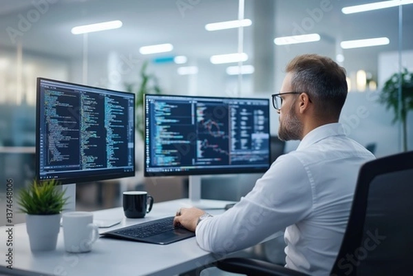 Fototapeta 3D Render of Remote Office Desk With Multiple Monitors, Indoor Plants and Modern Decor in Natural Light