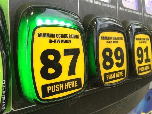 Obraz Gasoline octane selection buttons at a typical self service gas station. Regular unleaded 87 octane fuel selected.