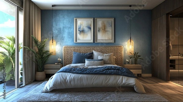 Fototapeta A sophisticated bedroom featuring a ribbed headboard, layered pillows, and sculptural decor. Muted blue tones and natural materials create a harmonious retreat.