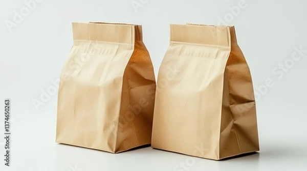 Fototapeta Two closed paper bags isolated against a white background. The minimalist design draws attention to their simplicity and the practical nature of everyday items.