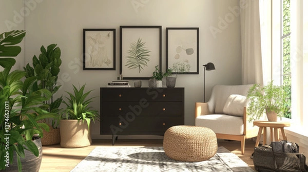 Fototapeta Stylish scandinavian composition of living room with design commode, black mock up poster frames, armchair, wooden stool, book, decoration, plants and personal accessories in modern home decor.