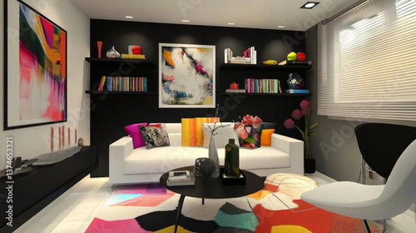 Fototapeta Stylish interior of colorful living room with design white sofa, black shelf with vases, book and personal accessories. Modern home decor. Template.