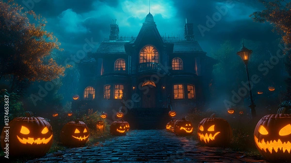 Fototapeta Haunted Mansion Halloween Night: Jack-o'-lanterns illuminate the path to a mysterious Victorian house shrouded in an eerie blue mist, creating a captivating Halloween scene.