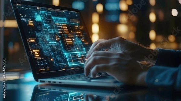 Obraz Blockchain Developer Working on Laptop, Program Visible on Screen