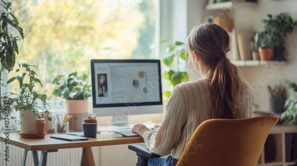 Fototapeta "Professional therapist conducting virtual counseling session in a calm and well-organized home office with modern minimalist décor and natural lighting