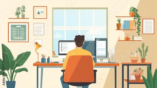 Fototapeta "Professional therapist conducting virtual counseling session in a calm and well-organized home office with modern minimalist décor and natural lighting