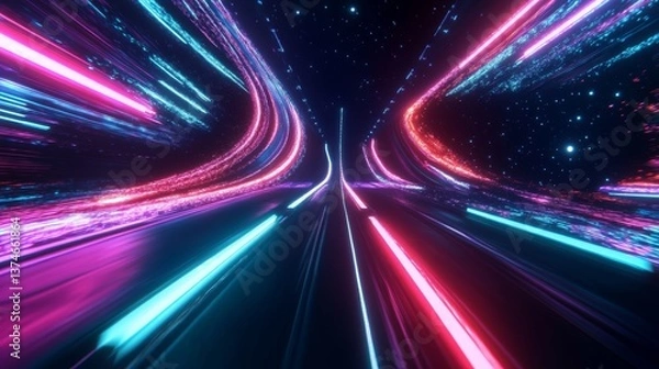 Fototapeta Futuristic neon highway  an abstract journey through the cosmos in digital art style