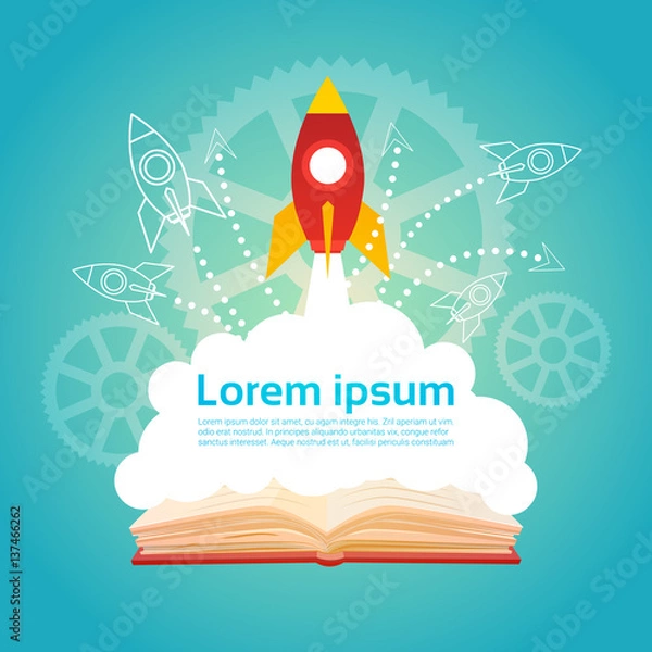 Fototapeta Open Book Space Rocket Business Startup Education Knowledge Concept Flat Vector Illustration