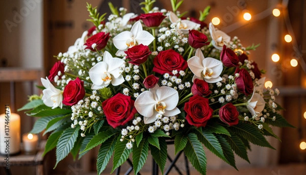 Fototapeta Elegant funeral wreath of red carnations and white orchids, remembrance