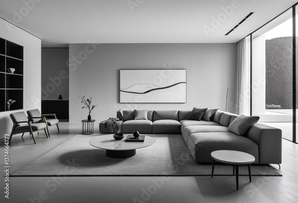 Fototapeta A living room with a large sectional couch and a television.