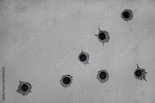 Fototapeta Close-up of movie set featuring replicas of fake bullet holes on a gray concrete wall, carefully crafted by set designers, captured with a high-resolution lens to emphasize texture and realism.