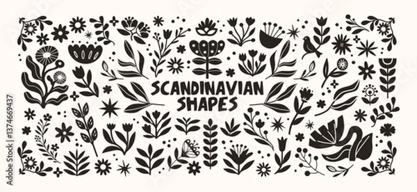 Obraz Scandinavian plants wood folk shapes with plants and forest elements. Ethnic folk stickers in nordic style. Boho silhouettes and floral patterns, doodle Scandinavian leaf folk textile pattern