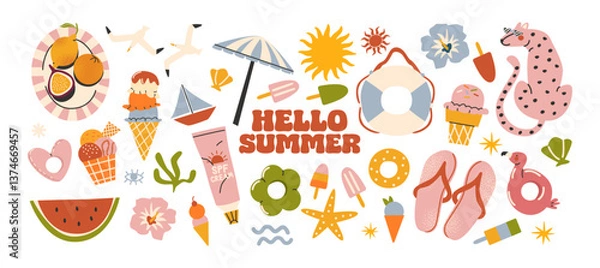 Obraz Cartoon summer stickers in retro 90s style. Summer party, vacation, beach season, shore, sun, swimwear. Bright groovy funky summer elements and shapes. Sticker pack of patches, labels, stamps