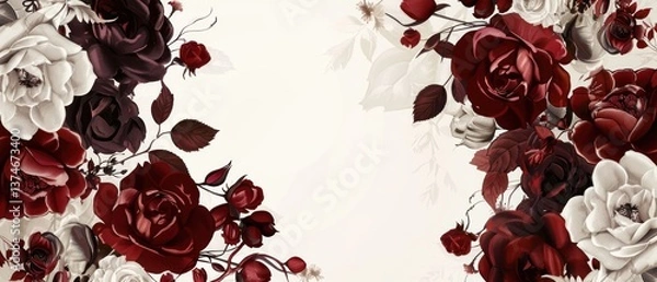 Fototapeta Dark red white rose flower border frame funeral banner blank template burgundy black branch leaf leaves card copy space.