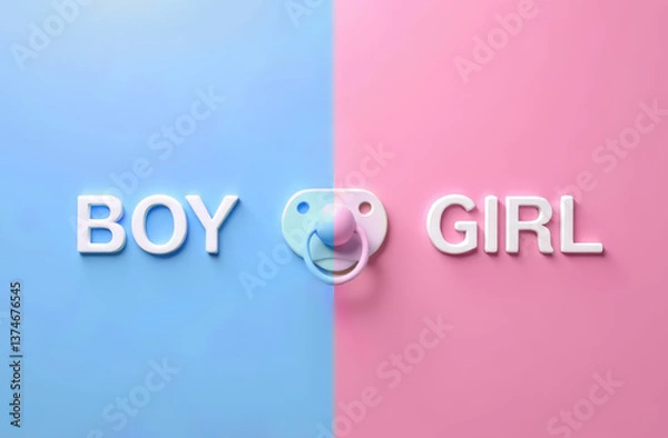 Fototapeta Gender reveal concept with baby pacifier on split blue and pink background