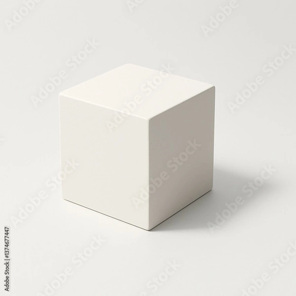 Fototapeta Minimalist white cube with clean edges casting shadow on light neutral background in studio setup