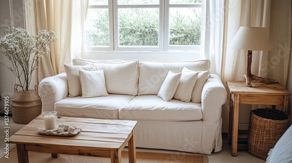 Fototapeta A modern living room interior featuring cozy, plush white sofas a wooden side table with decorative items, and minimalist decor. Home decor. Template.
