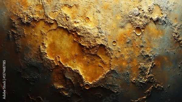 Fototapeta Textured surface with craters, showing depth and color variations from golden brown to dark grey
