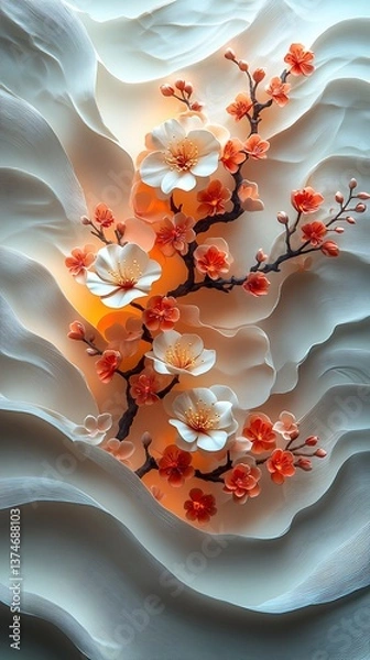 Obraz Delicate White and Orange Flowers Blooming Against Soft Wavy Layers

