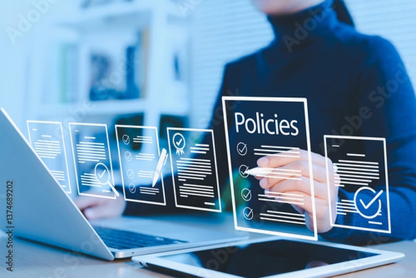 Fototapeta Policy documentation and compliance concept. Businesswoman reviews digital document Policies with icons, checklists, certifications, and financial detail. policy management, regulatory compliance,
