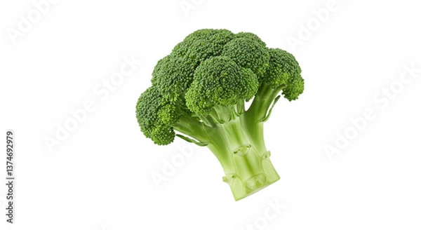 Fototapeta A single broccoli floret with a green stem isolated against a black background in a studio shot