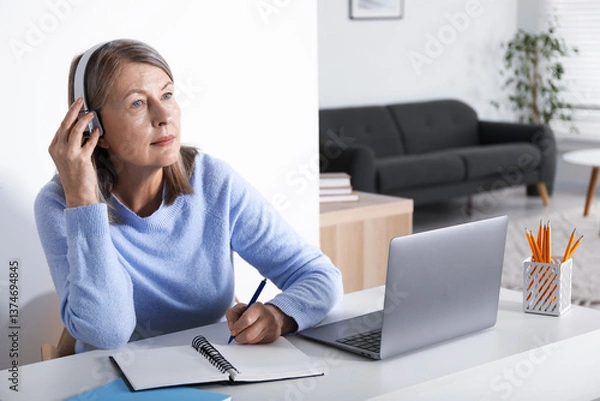 Fototapeta Woman learning online using laptop and taking notes at table indoors. Self-study