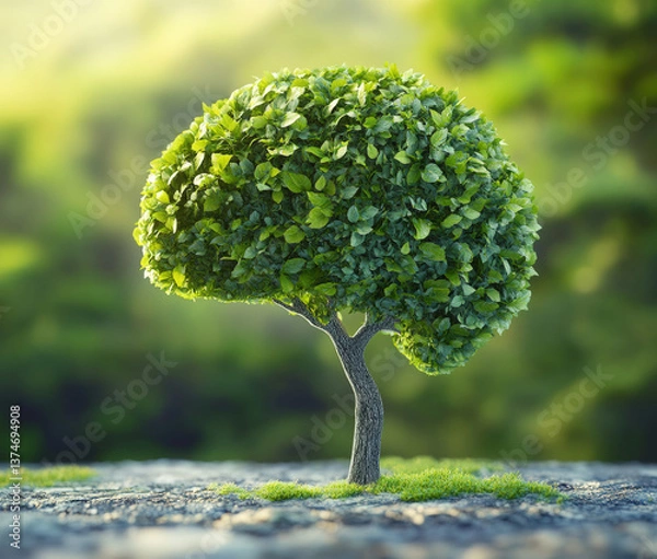 Fototapeta rendering of a green tree in the shape of a brain with leaves, a concept for a healthy mind and mental health care