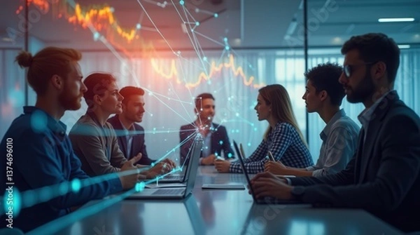 Fototapeta Focused diverse young professionals analyzing data visualization in modern office