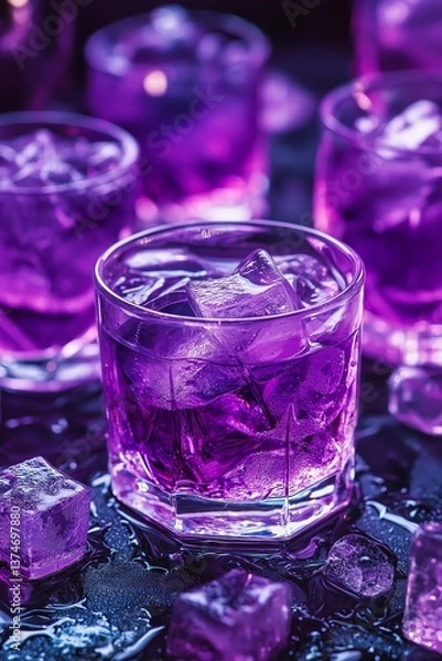 Fototapeta A refreshing purple cocktail sits on a surface, captured with glistening ice, invoking a fun atmosphere.