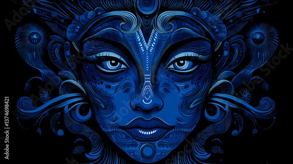 Fototapeta Psychedelic illustration of a blue navi face intertwined with mandala shamanic art generative ai. Shamanic Carving. Illustration