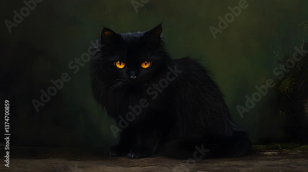 Fototapeta Elegant black cats with glowing yellow eyes sit calmly in various moody and mysterious settings. These striking portraits highlight their beauty and mystique.