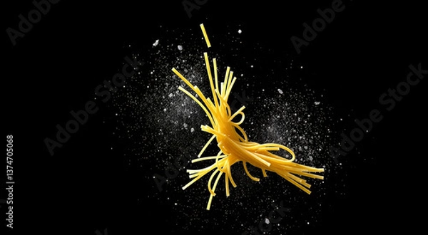 Fototapeta Close-up of bright yellow spaghetti thrown in the air against a dark background. Dynamic and vibrant food photography capturing the motion of pasta.