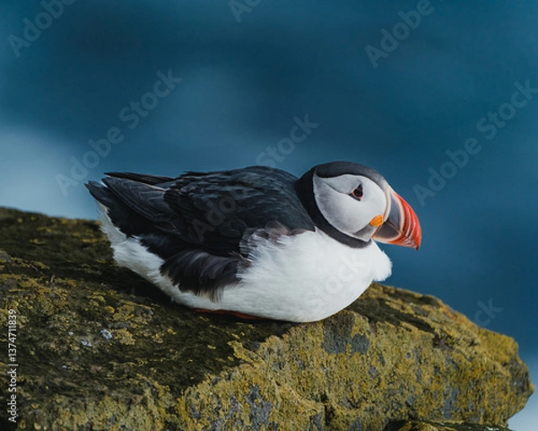 Fototapeta Atlantic puffin perched on mossy cliff at Latrabjarg, Westfjords, Iceland...